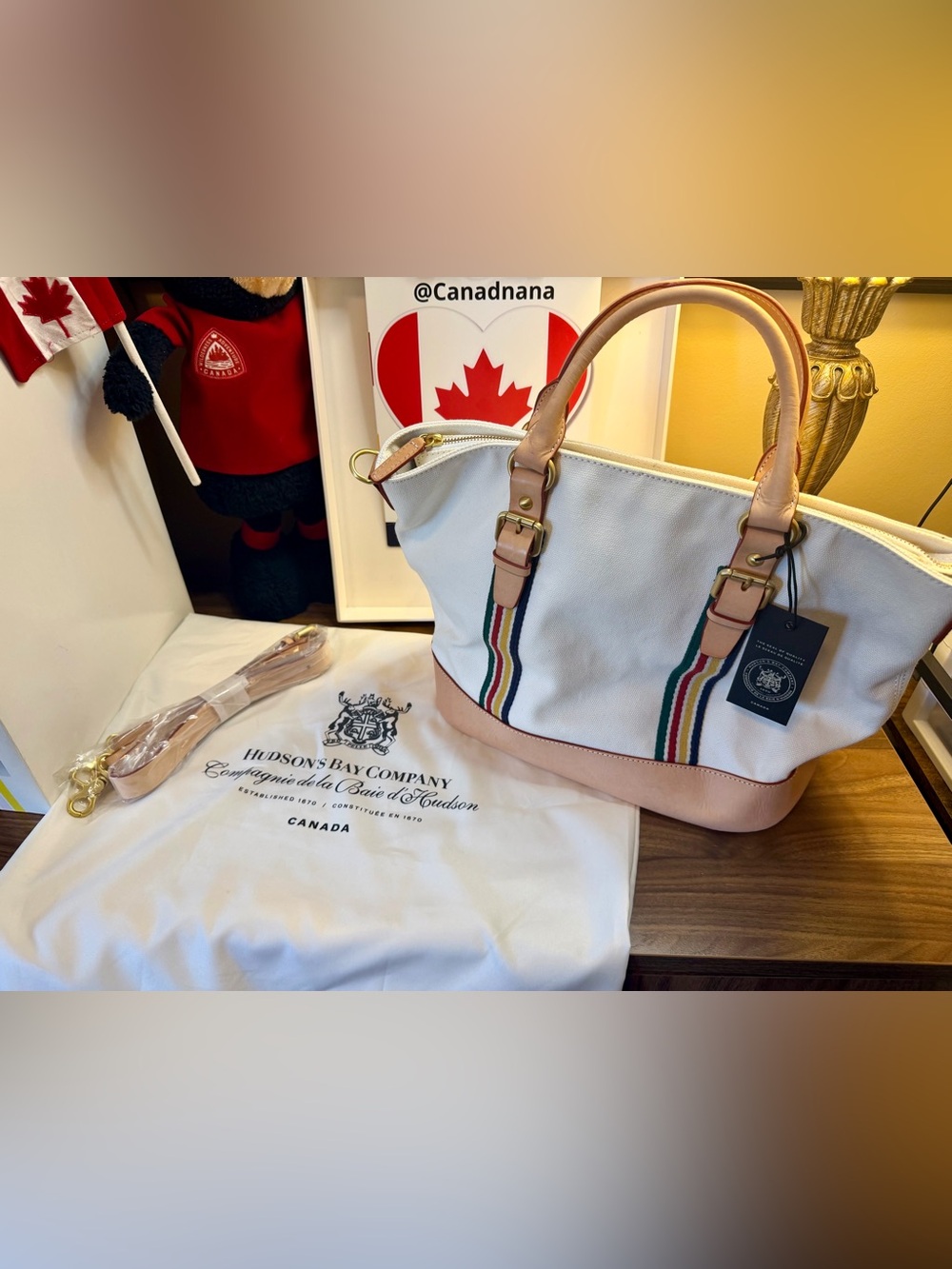 Hudson's Bay Company Collection Leather Trim and Canvas Striped Trim Handbag